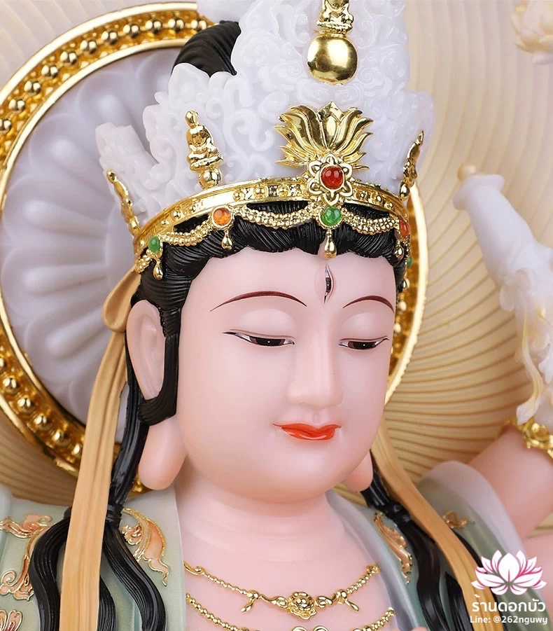 พระจุนทีโพธิสัตว์ พระโพธิสัตว์จุนทา ประทับนั่งบนดอกบัว งานหินอ่อนคุณภาพสูง ขนาด 12/16/19 นิ้ว