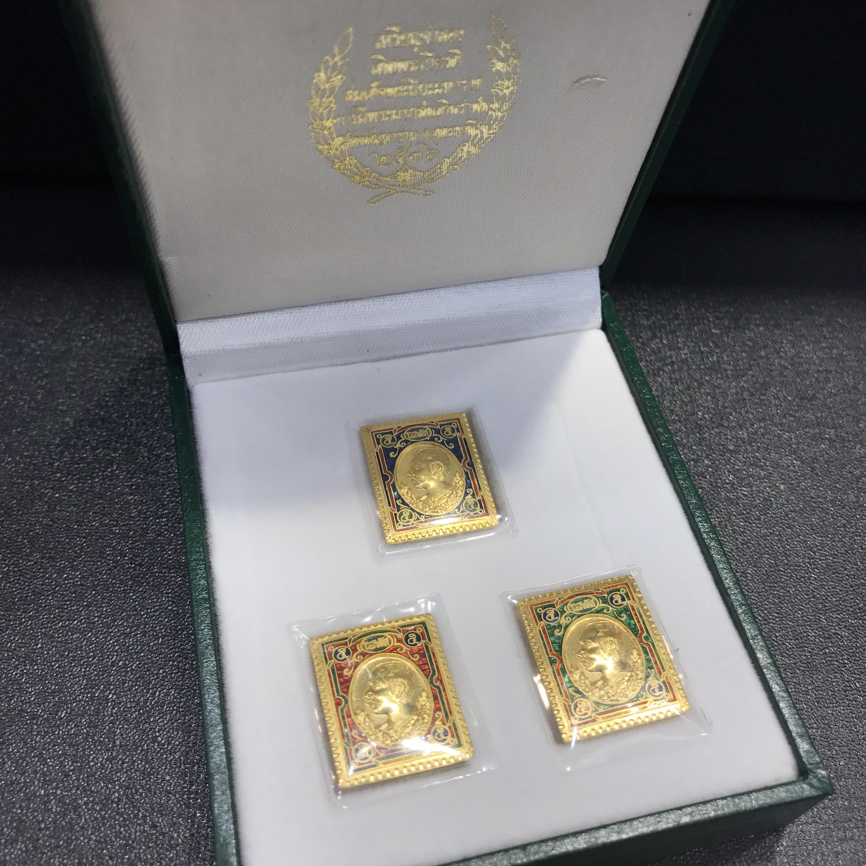 ชุดเหรียญแสตมป์ โสฬส รัชกาลที่ 5 เนื้อทองคำลงยา(พิมพ์เล็ก) วัดพัฒนาราม จ.อุดรธานี ปี2536