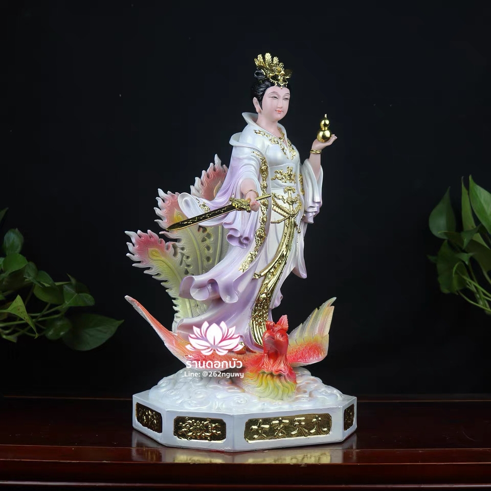 กิ่วเที้ยนเฮี่ยนลื้อ กิวเทียงเหี่ยงนึ่ง จิ่วเทียนเสวียนนี่ ปางยืนบนหงส์บริวาร งานหินอ่อน ขนาด 12/16/19 นิ้ว