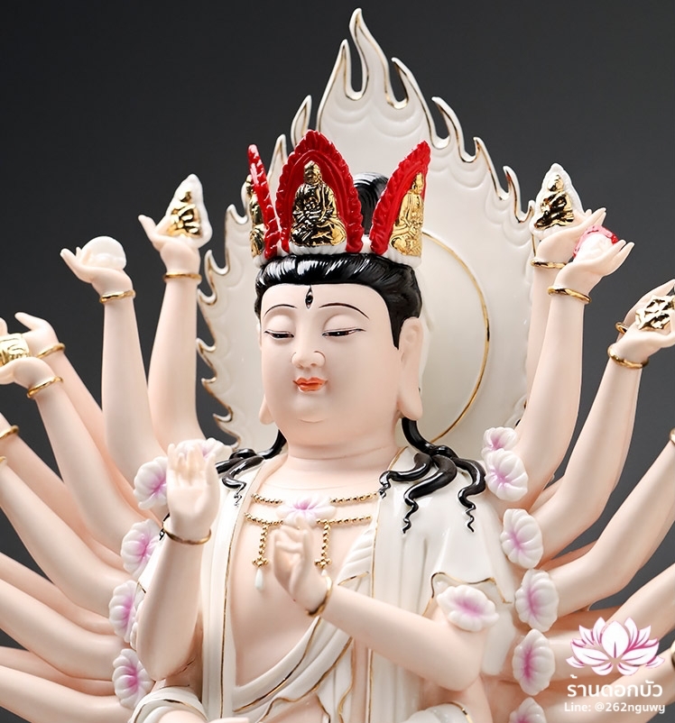 พระโพธิสัตว์กวนอิมพันเนตรพันกร พระแม่กวนอิมพันมือ ปางยืนประทับบัลลังก์ดอกบัวฐานสิงห์ ขนาด 24 นิ้ว