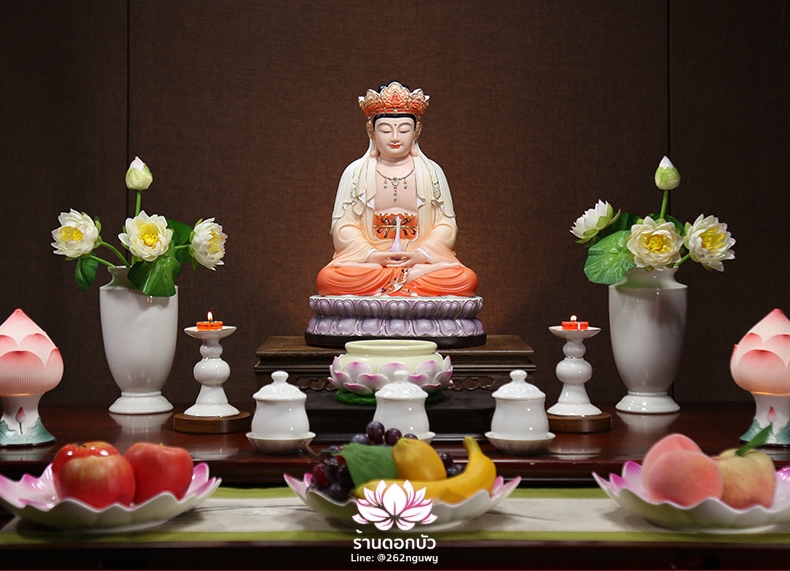 พีลูกวนอิม พระโพธิสัตว์กวนอิมปางสำเร็จธรรม สีส้มออมเบรขลิบทอง ขนาด 12/16/18 นิ้ว