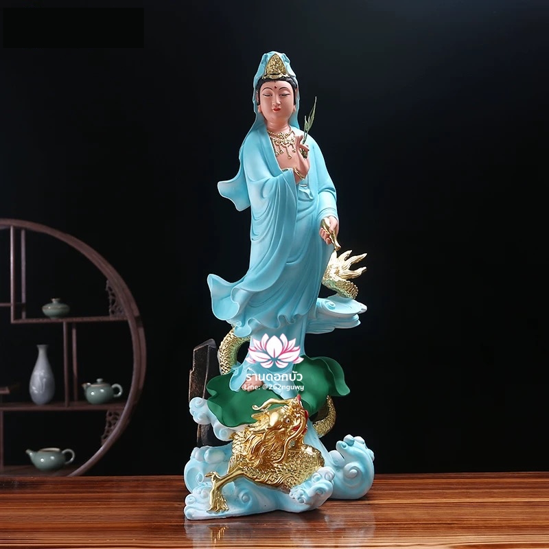 พระโพธิสัตว์กวนอิมปางเหยียบมังกร พระแม่กวนอิมยืนมังกร งานเรซิ่น สีทอง/ขาว/ฟ้า ขนาด 26 นิ้ว