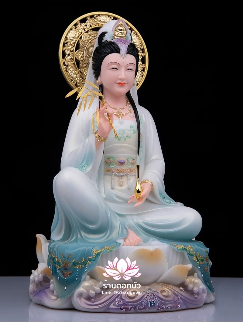 พระโพธิสัตว์กวนอิม ปางนั่งชันเข่าประทับบนดอกบัว งานหินอ่อนคุณภาพสูง ขนาด 12/16/19/26 นิ้ว