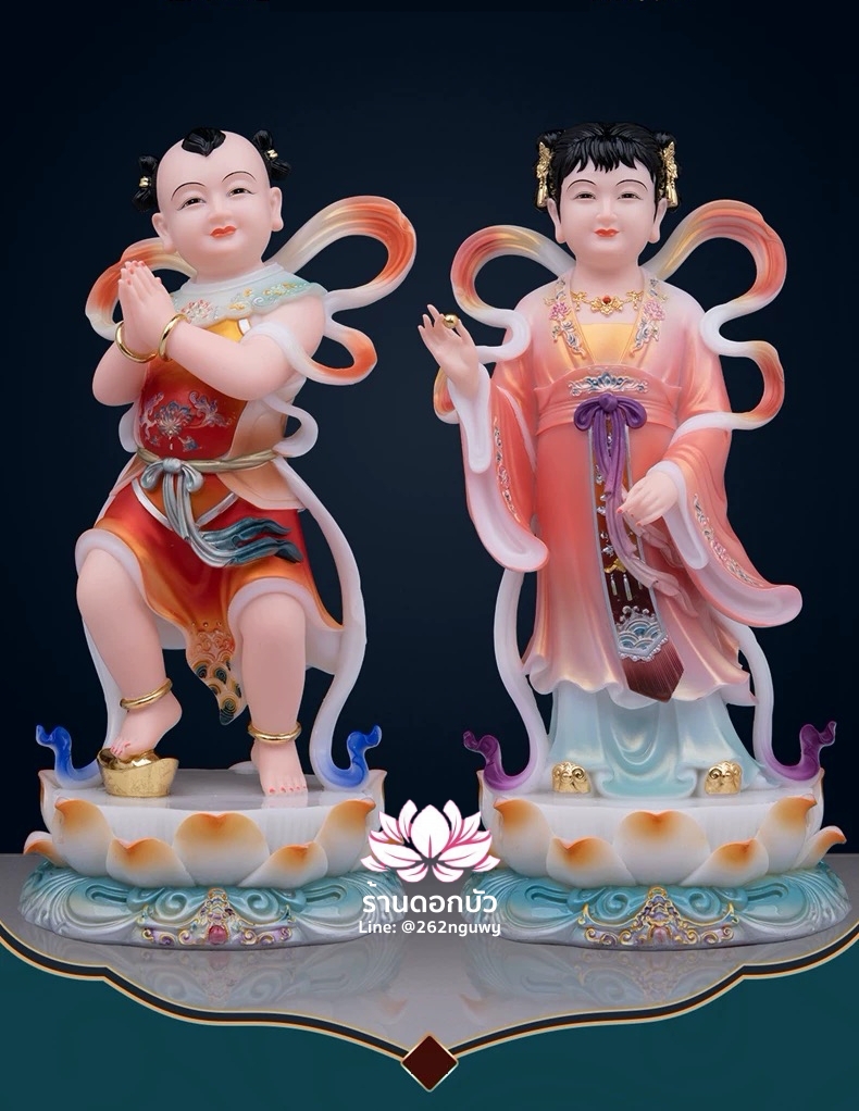 กิมท้ง-เง็กนึ่ง เซียนจ๋าย-หยกลื้อ ลูกศิษย์พระโพธิสัตว์กวนอิม ปางยืนบนดอกบัว งานหินอ่อนคุณภาพสูง ขนาด 12/16/19 นิ้ว