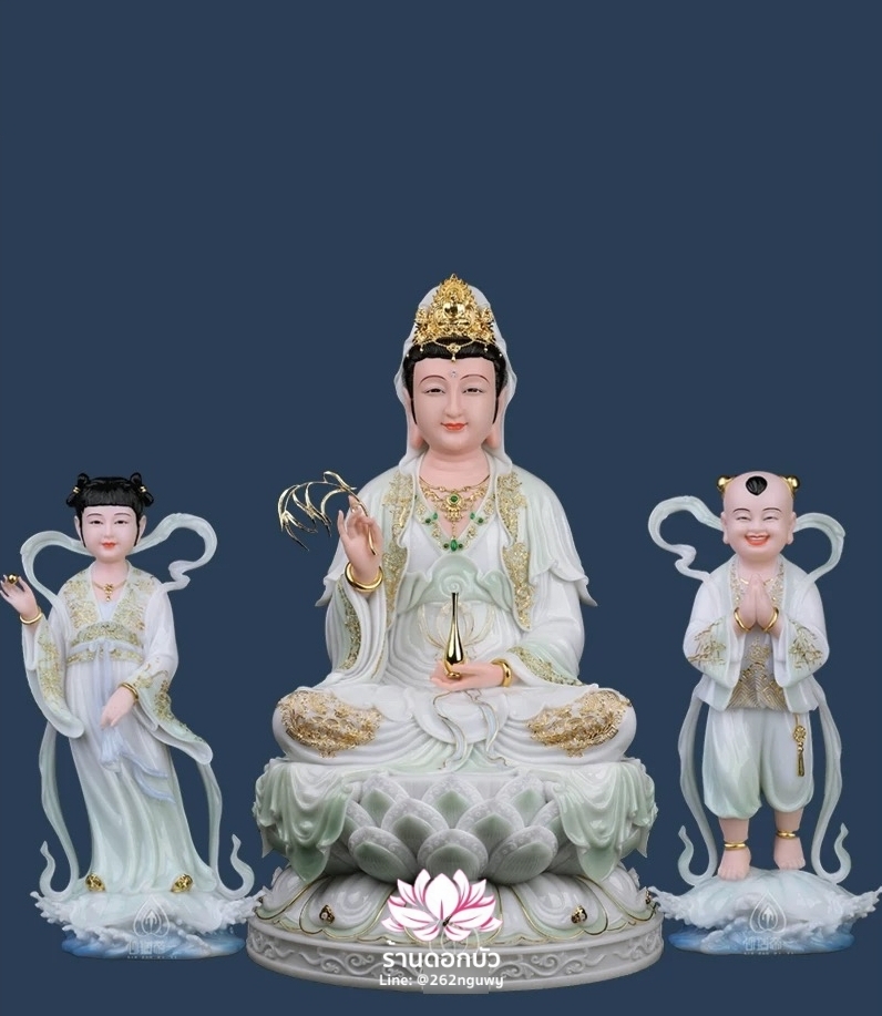 พระโพธิสัตว์กวนอิม พระแม่กวนอิมปางประทานพร ประทับนั่งบนดอกบัว งานหินอ่อน ขนาด 16/19/26/36 นิ้ว