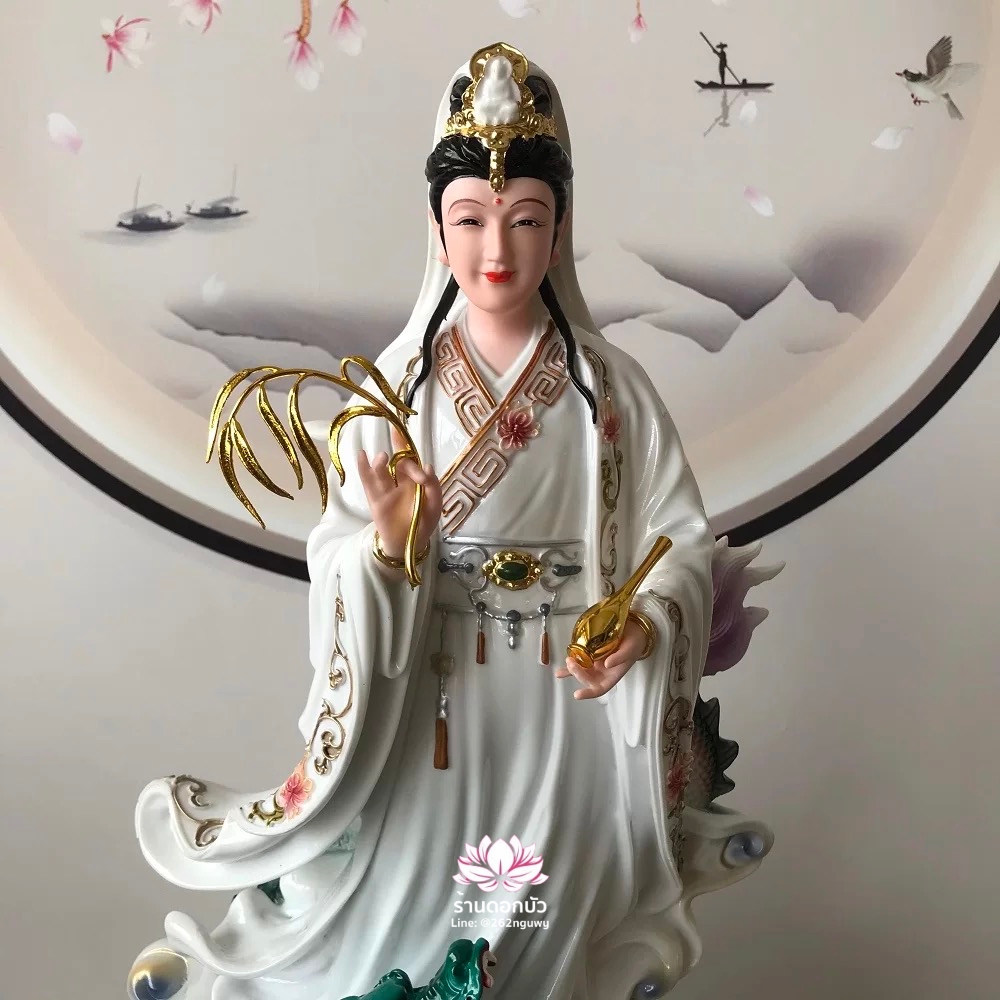 พระโพธิสัตว์กวนอิมปางเหยียบมังกร พระแม่กวนอิมยืนมังกร งานเรซิ่น ขนาด 16/19 นิ้ว