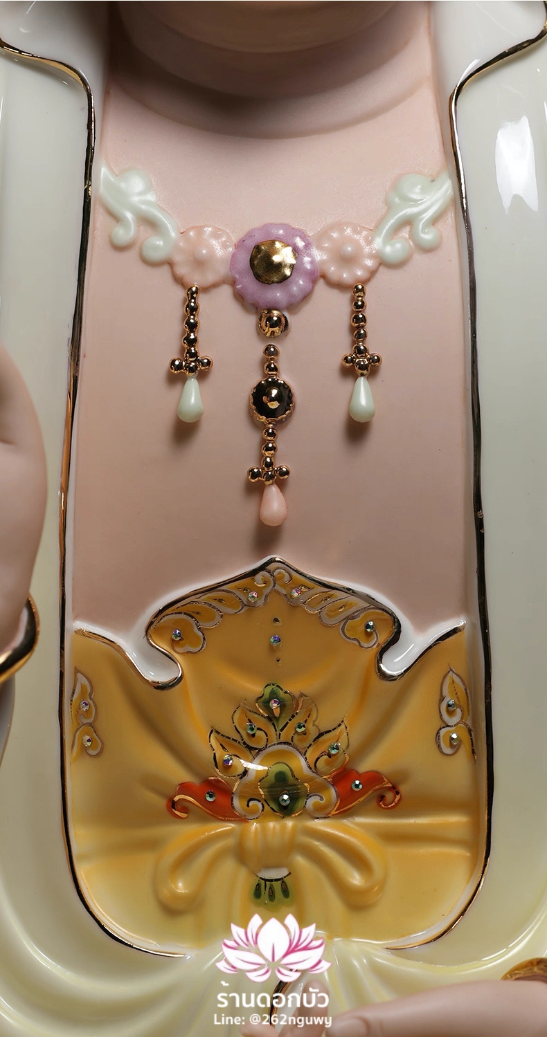 พระโพธิสัตว์กวนอิม พระแม่กวนอิมปางประทานพร ประทับนั่งดอกบัว งานกระเบื้องฮกเกี้ยน ขนาด 12/14/16/19 นิ้ว