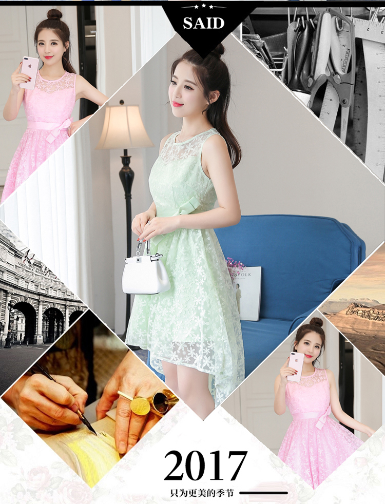 ชุดเดรสสั้นผ้าลูกไม้สีเขียวอ่อนสดใส แขนกุด กระโปรงหน้าสั้นหลังยาว