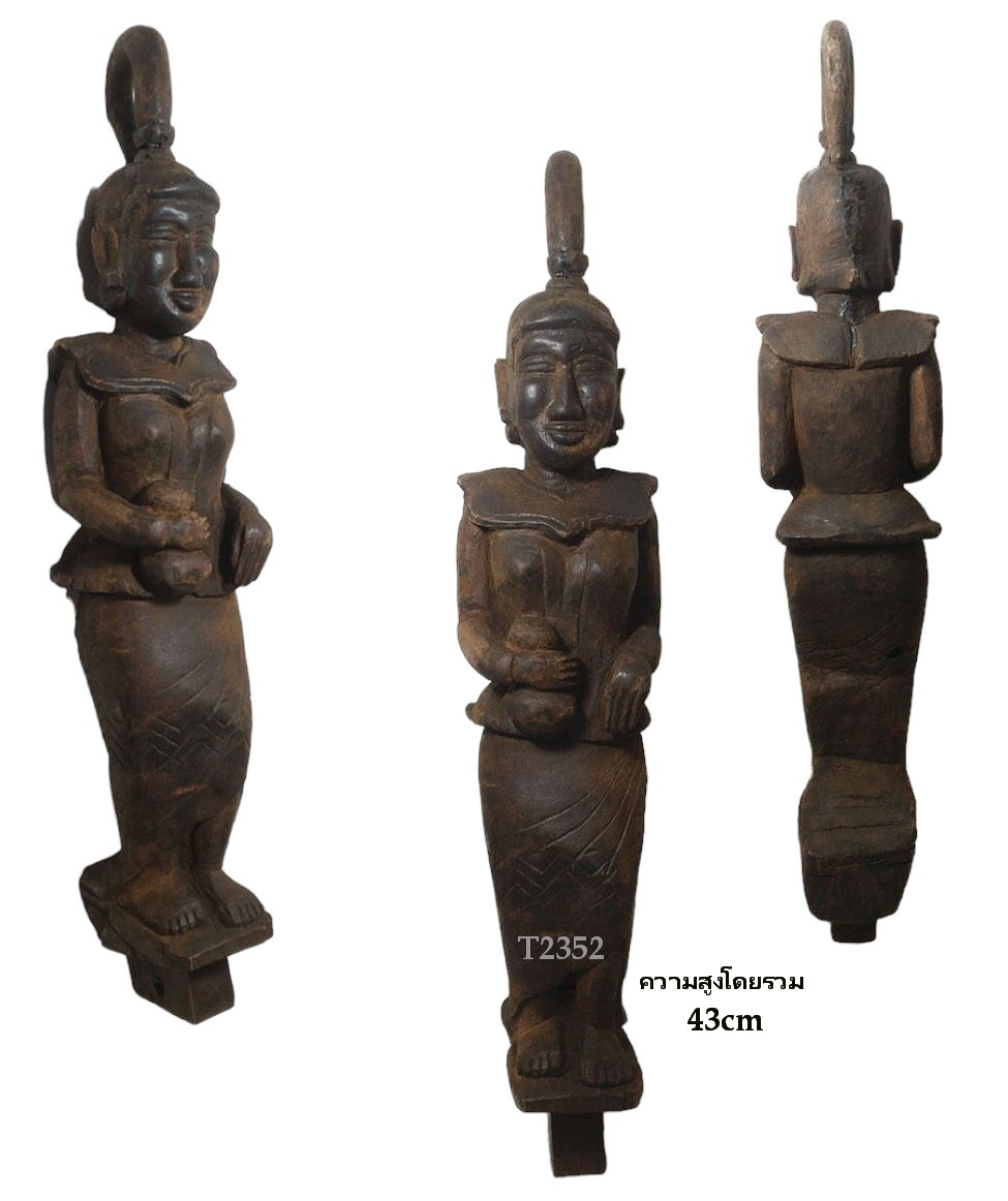 ไม้แกะสลักเก่าศิลปะพม่า-นางถือถุงทอง 43cm