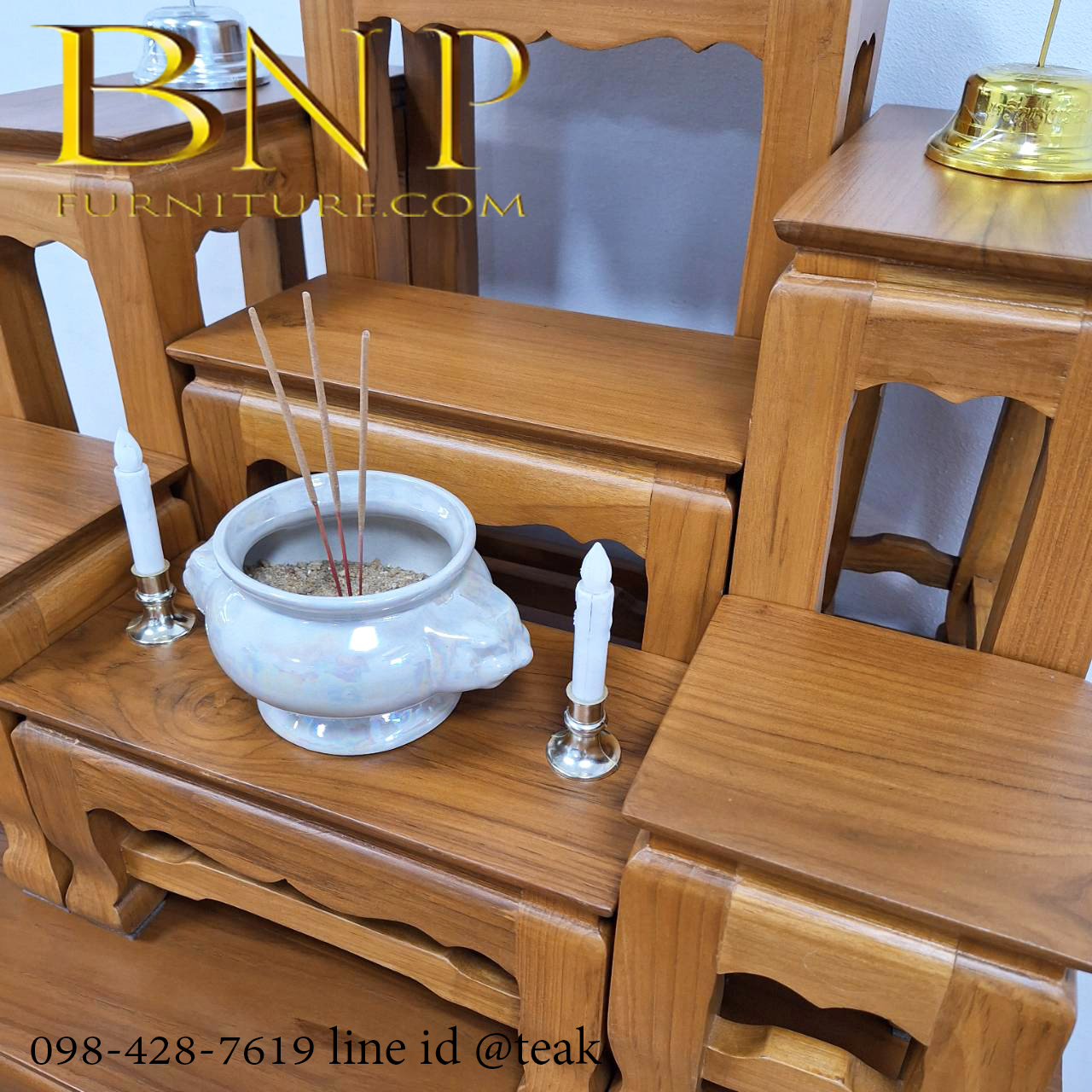 โต๊ะหมู่บูชาไม้สักทอง ขาสิงห์ หมู่ 7 หน้า 7 นิ้ว ฐานสูง