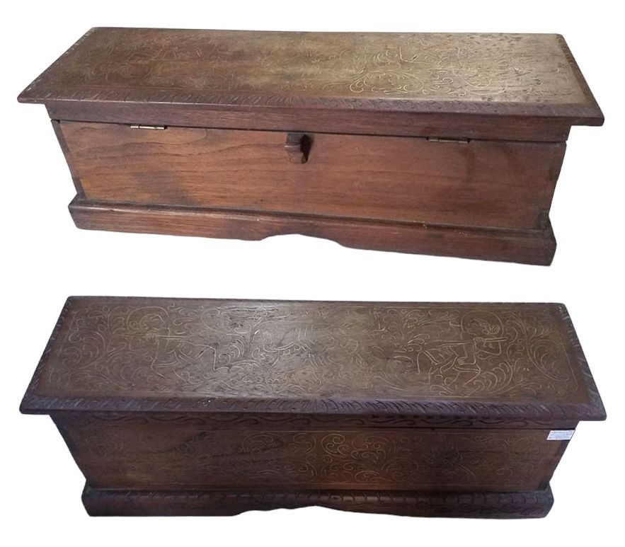 หีบหรือกล่องไม้สักงานเก่า ตอกลายเส้นทองเหลือง-BPT1710-