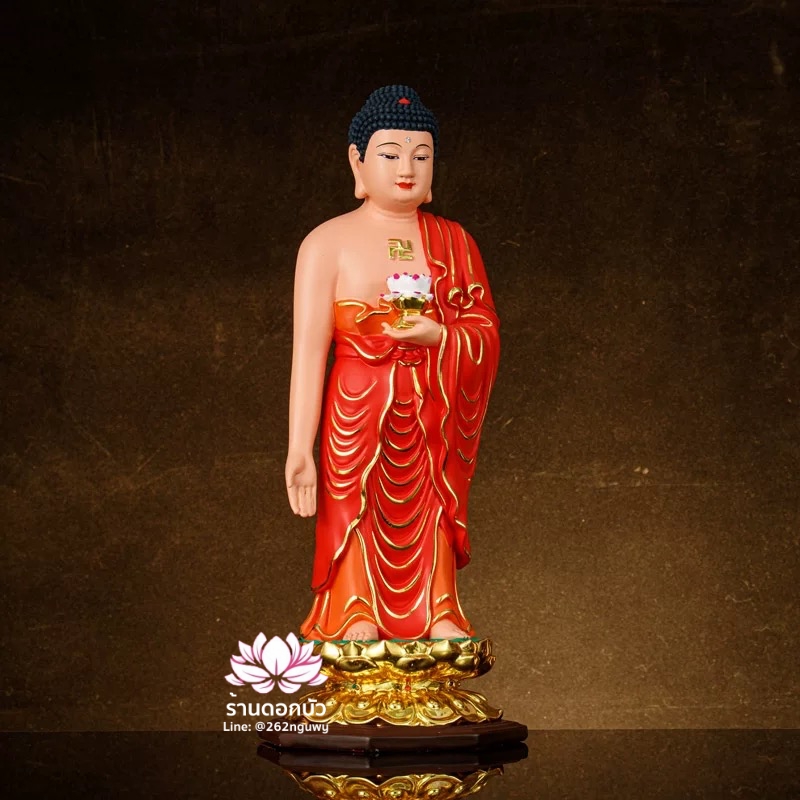 พระพุทธเจ้า พระยูไล ปางประทับยืนบนบัลลังก์ดอกบัว งานเรซิ่น ขนาด 16/19 นิ้ว สีแดง/ทอง