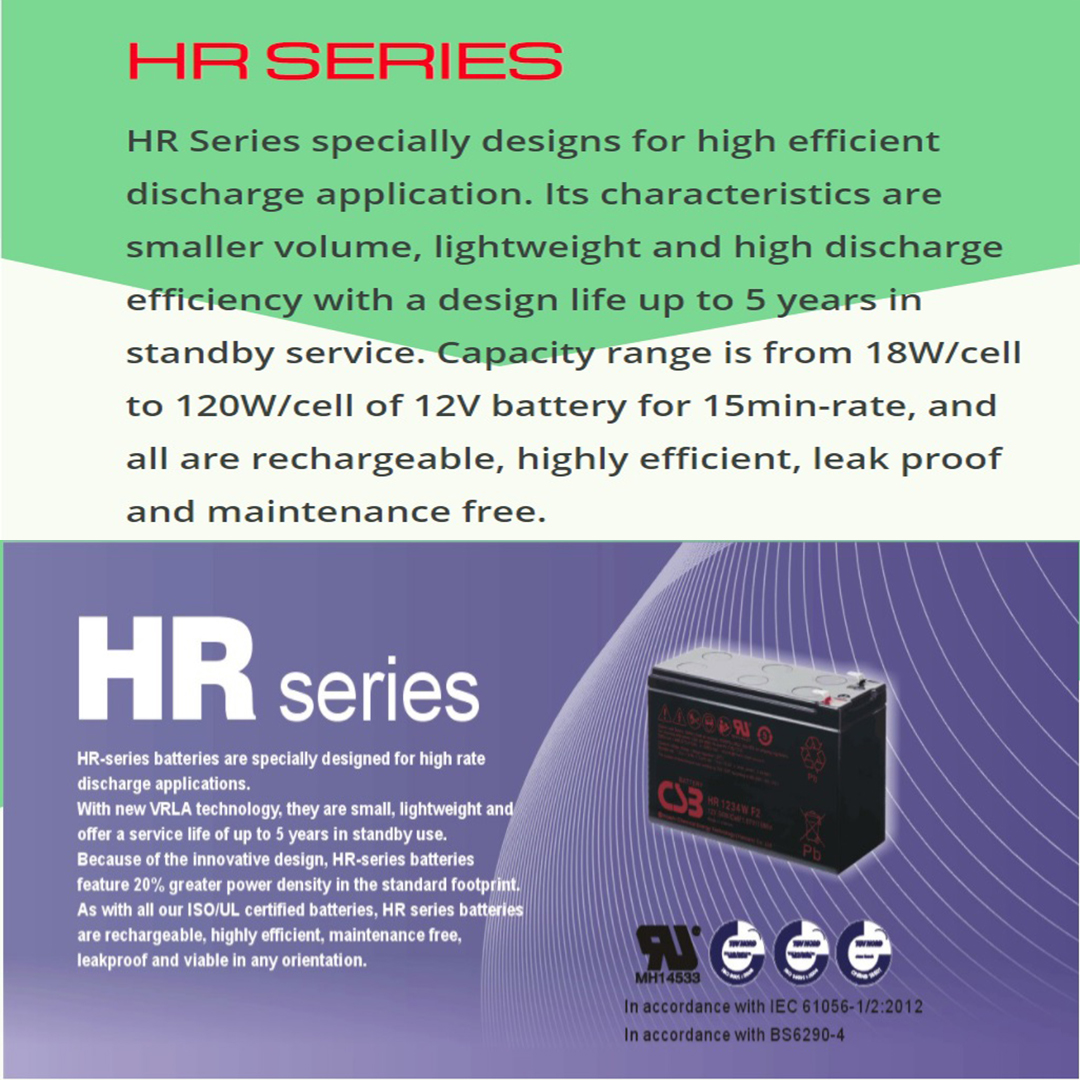 CSB Battery HR SERIES สำหรับระบบสำรองไฟแบตคุณภาพชั้นนำของโลกของแท้100%มือ1 อายุการใช้งานที่ยาวนานสุงถึง 3-5 ปี รับประกันสินค้าจากโรงงาน 1 ปี