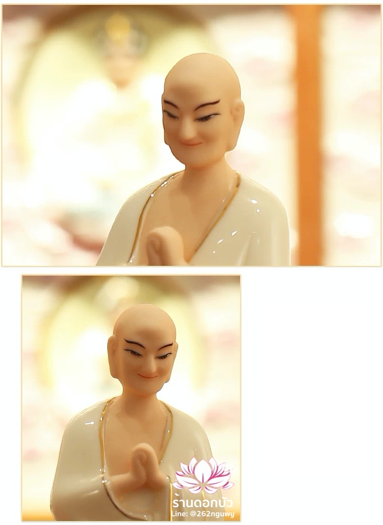 พระพุทธเจ้าและพระอัครสาวก พระมหากัสสปะและพระอานนท์ งานกระเบื้องฮกเกี้ยน ลงสีขลิบทอง