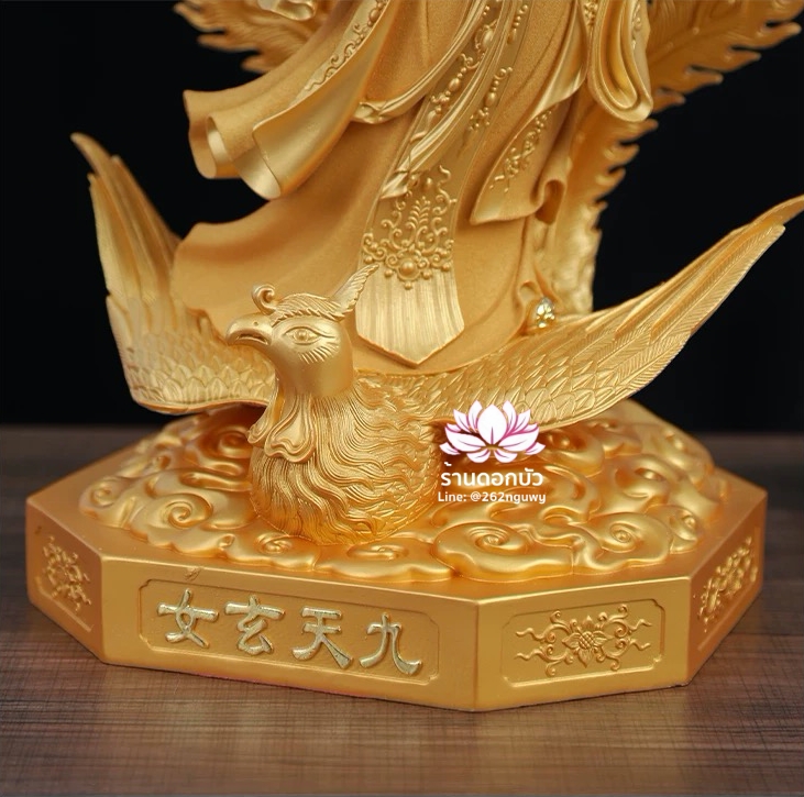 กิ่วเที้ยนเฮี่ยนลื้อ กิวเทียงเหี่ยงนึ่ง จิ่วเทียนเสวียนนี่ ปางยืนบนหงส์บริวาร งานเรซิ่นพ่นทราย ขนาด 12/16/19/26 นิ้ว