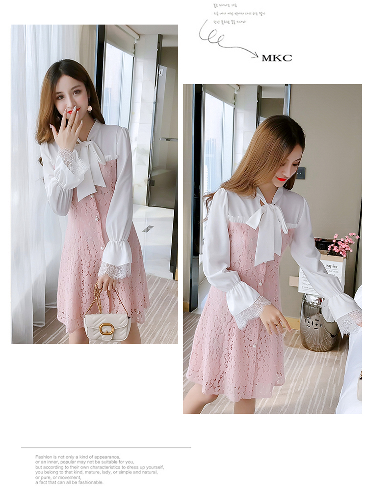 ชุดเดรสสั้นผ้าลูกไม้สีชมพูต่อผ้าโพลีเอสเตอร์สีขาวตัวเสื้อ คอผูกโบว์ แขนยาว ชุดทรงปล่อย สวยน่ารัก