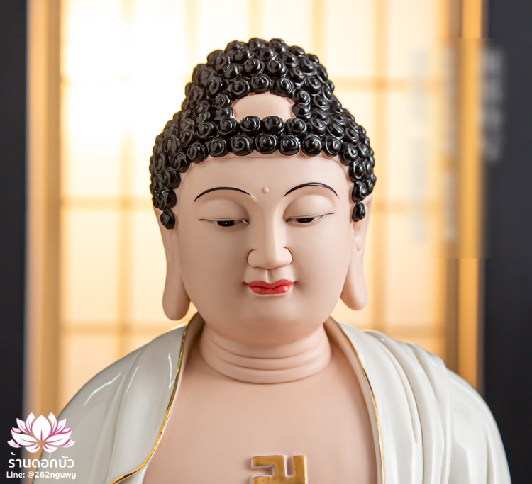 พระพุทธเจ้าและพระอัครสาวก พระมหากัสสปะและพระอานนท์ งานกระเบื้องฮกเกี้ยน สีขาวขลิบทอง