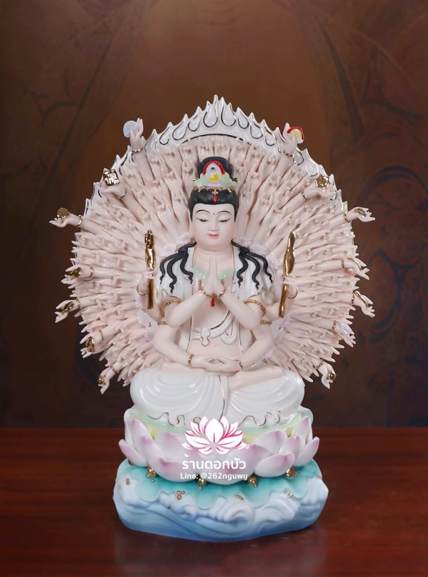 พระโพธิสัตว์กวนอิมพันเนตรพันกร พระแม่กวนอิมพันมือ ปางนั่งประทับบัลลังก์ดอกบัว ขนาด 12/14/16 นิ้ว