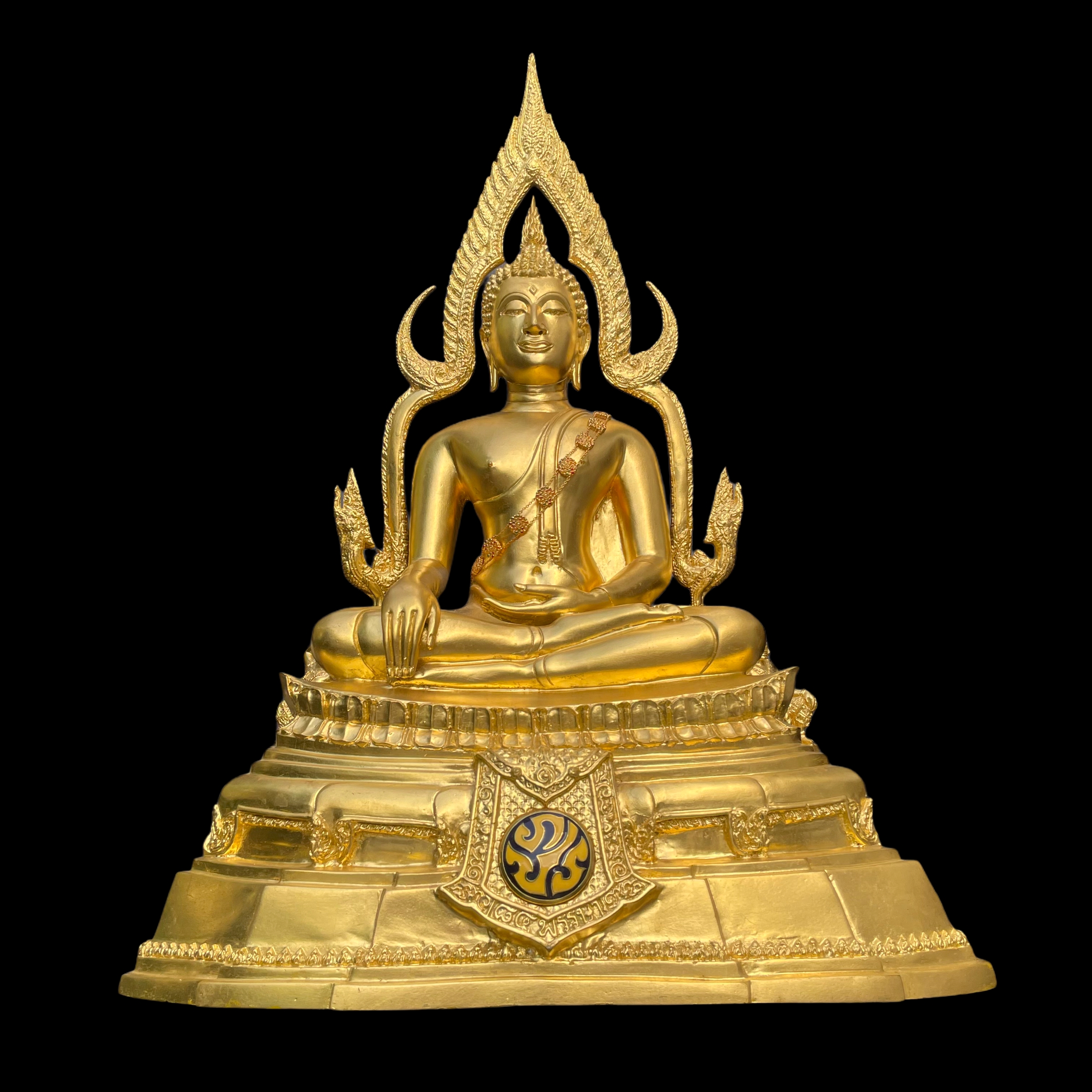 พระพุทธชินราช(จำลอง)ภปร. 84พรรษา เนื้อโลหะ ลงรักปิดทอง 100% ขนาดหน้าตัก 9 นิ้ว(ใต้ฐานบรรจุพระพุทธชินราชเนื้อผงพระราชทานมวลสาร จิตรลดาและเส้นพระเจ้า(เส้นผม))