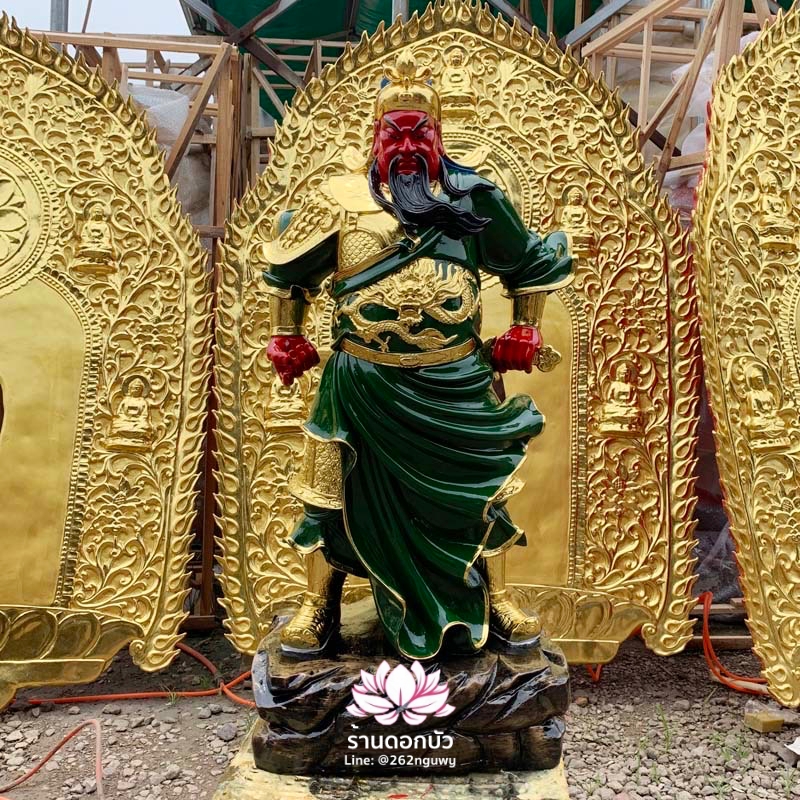 เทพเจ้ากวนอู กวนเต้กุ๊น เฮียบเที้ยนไต่เต่ หรือ กวนเส่งเต้กุ้น ปางออกศึก ประทับยืน ขนาด 16/19/24/36 นิ้ว สีเขียว/แดง