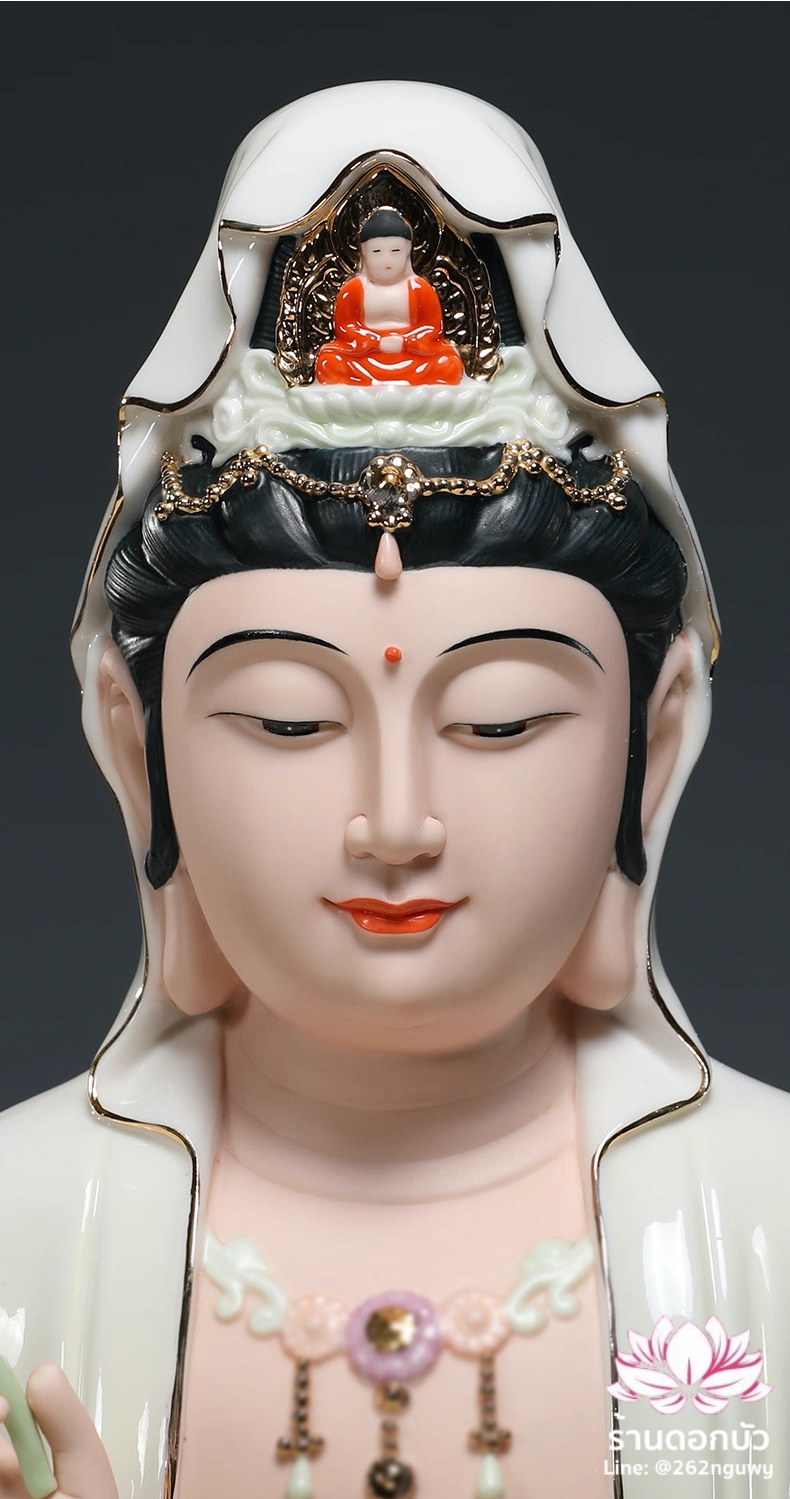 พระโพธิสัตว์กวนอิม พระแม่กวนอิมปางประทานพร ประทับนั่งดอกบัว งานกระเบื้องฮกเกี้ยน ขนาด 12/14/16/19 นิ้ว