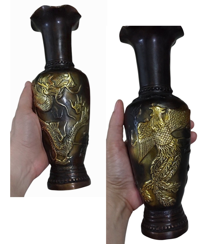 (คู่)แจกันทองเหลืองลายหงส์มังกร💥ตำหนินิด💥ลดพิเศษ