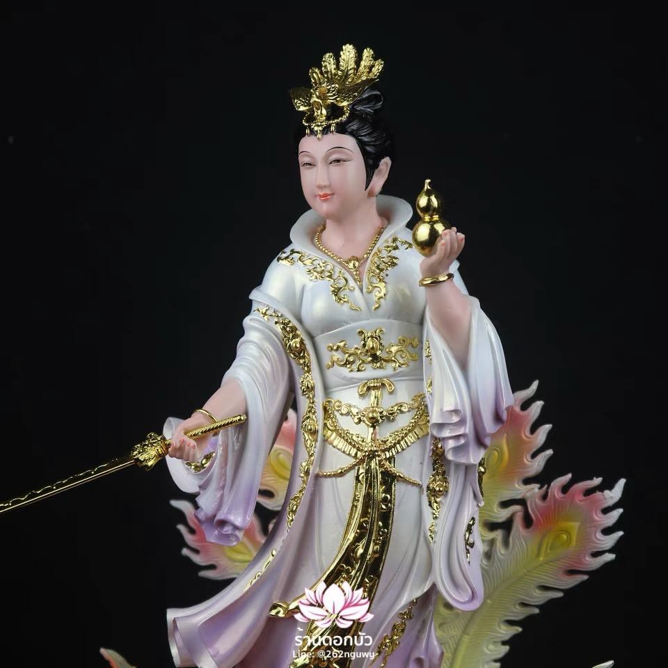 กิ่วเที้ยนเฮี่ยนลื้อ กิวเทียงเหี่ยงนึ่ง จิ่วเทียนเสวียนนี่ ปางยืนบนหงส์บริวาร งานหินอ่อน ขนาด 12/16/19 นิ้ว