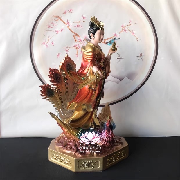 กิ่วเที้ยนเฮี่ยนลื้อ กิวเทียงเหี่ยงนึ่ง จิ่วเทียนเสวียนนี่ ปางยืนบนหงส์บริวาร งานเรซิ่น ขนาด 16/19 นิ้ว