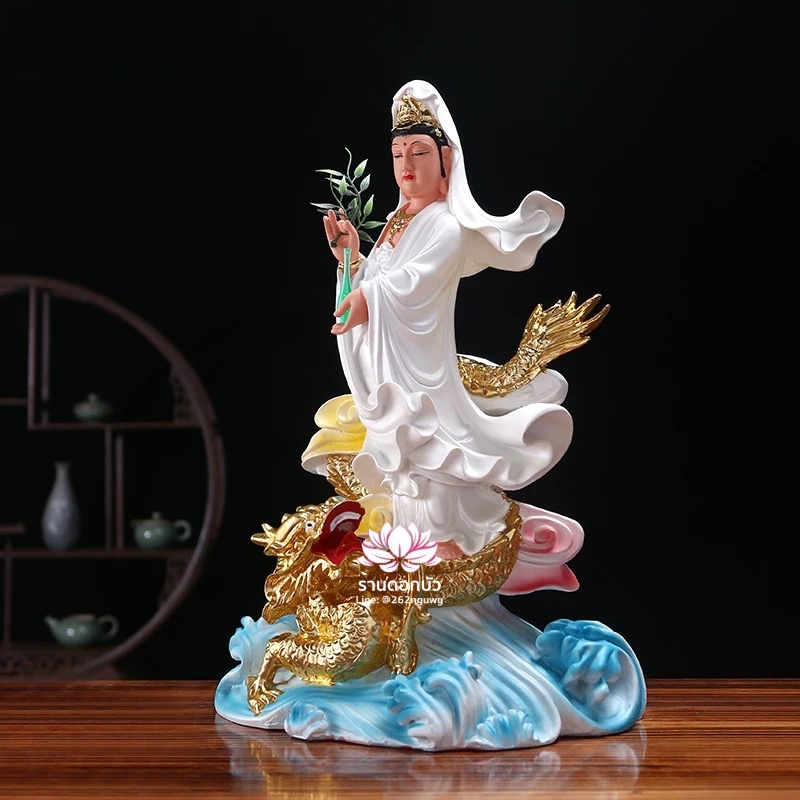 พระโพธิสัตว์กวนอิมปางเหยียบมังกร พระแม่กวนอิมยืนมังกร งานเรซิ่น ขนาด 19 นิ้ว