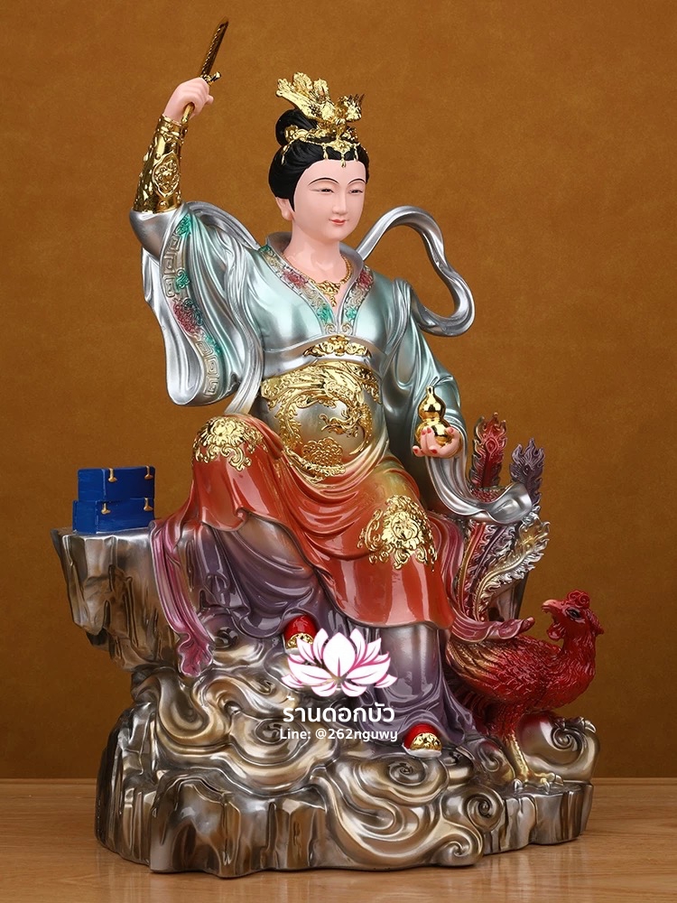 กิ่วเที้ยนเฮี่ยนลื้อ กิวเทียงเหี่ยงนึ่ง จิ่วเทียนเสวียนนี่ ปางนั่งบัลลังก์พร้อมหงส์บริวาร งานเรซิ่น ขนาด 12/16/19/26 นิ้ว