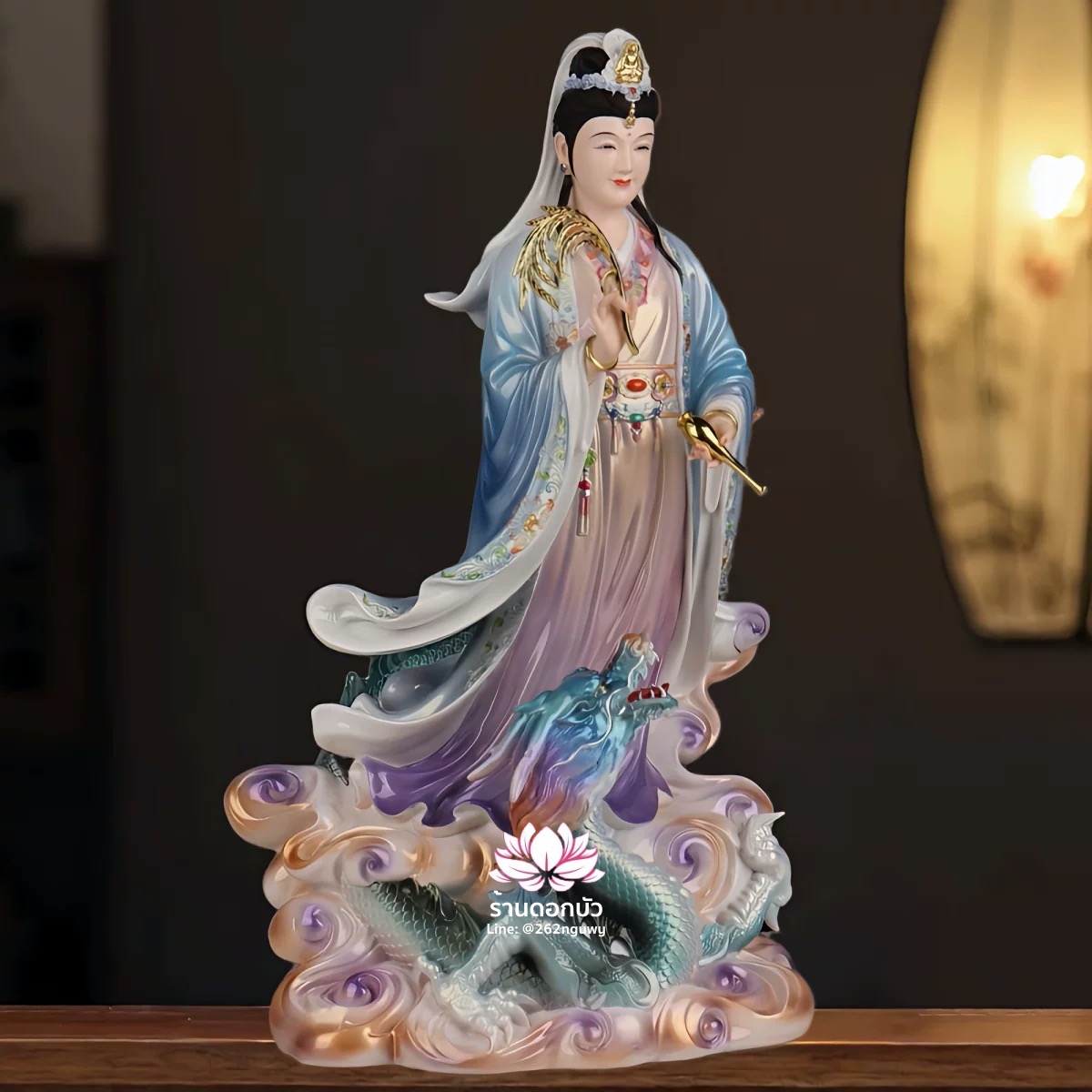 พระโพธิสัตว์กวนอิมปางเหยียบมังกร พระแม่กวนอิมยืนมังกร งานเรซิ่นคุณภาพสูง ขนาด 16/19/26 นิ้ว