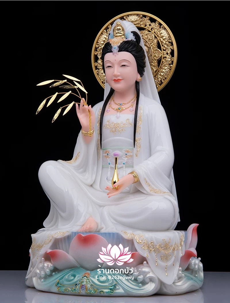 พระโพธิสัตว์กวนอิม ปางนั่งชันเข่าประทับบนดอกบัว งานหินอ่อนคุณภาพสูง ขนาด 12/16/19/26 นิ้ว