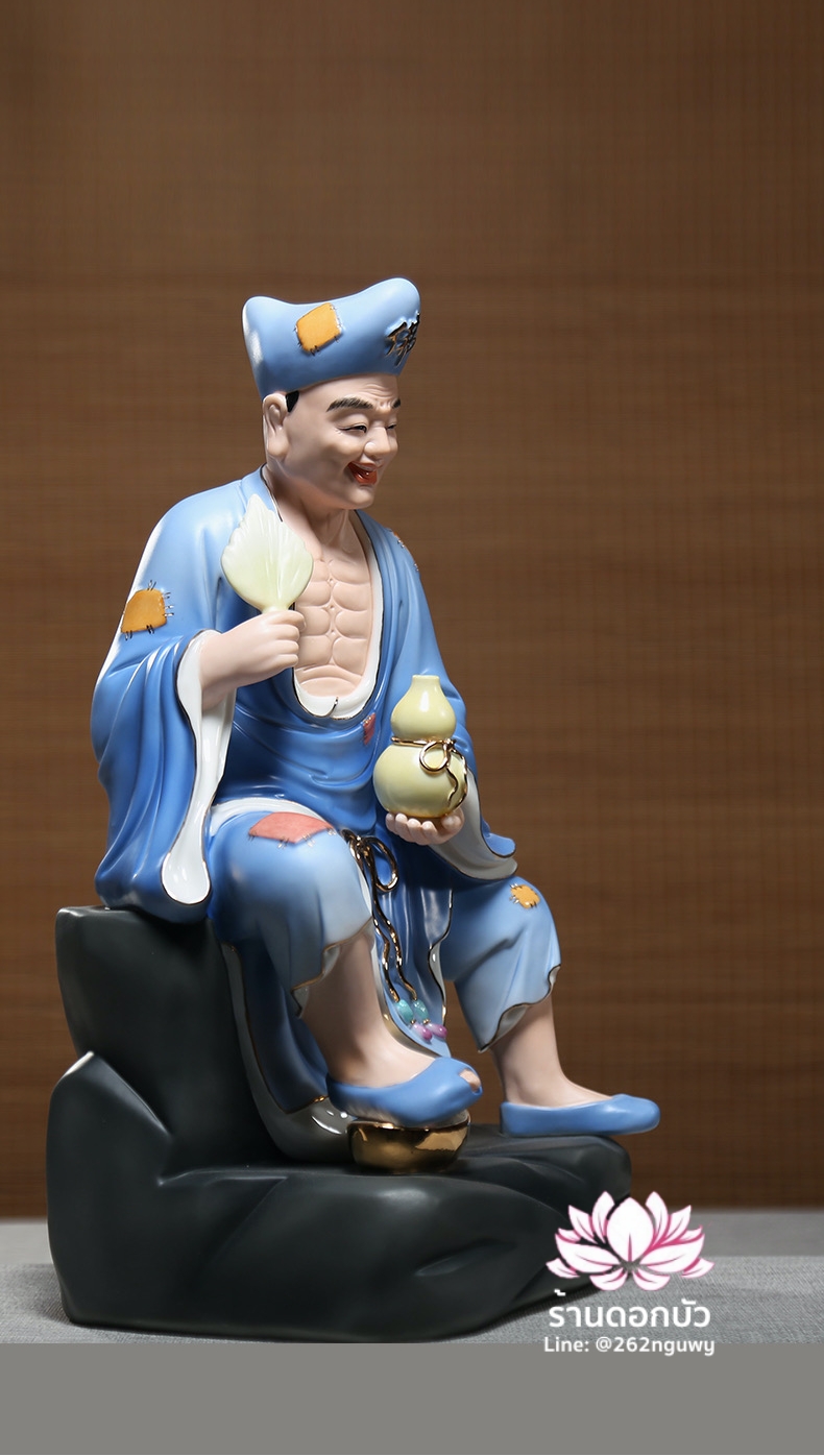 พระอรหันต์จี้กง เต้าจี้ฉานซือ งานกระเบื้องฮกเกี้ยน สีฟ้า ขนาด 12/16 นิ้ว