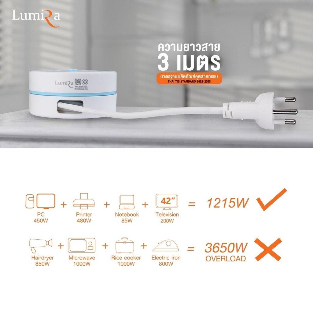 Lumira ปลั๊กไฟม้วน รุ่น LS-023/2U ปลั๊กไฟพกพา สายยาว 3 เมตร 2xUSB-A , 1xUSB-C ปลั๊กพ่วง ปลั๊กไฟ