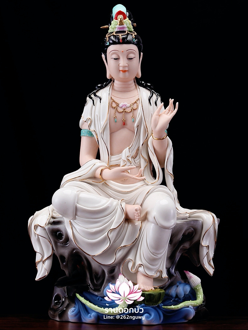 พระอวโลกิเตศวรโพธิสัตว์ พระโพธิสัตว์กวนอิมปางบุรุษ ประทับนั่งบนบัลลังก์ พระบาทเหยียบดอกบัว ขนาด 16 นิ้ว