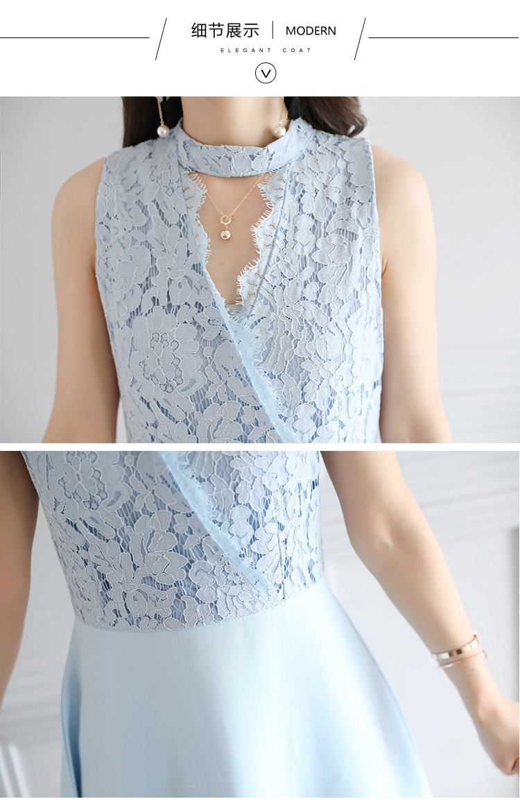 ชุดเดรสสั้นสีฟ้าเสื้อลูกไม้คอวีแขนกุด กระโปรงทรงเอ สวยเก๋ ดูดี