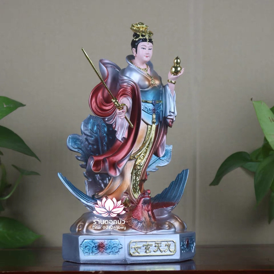 กิ่วเที้ยนเฮี่ยนลื้อ กิวเทียงเหี่ยงนึ่ง จิ่วเทียนเสวียนนี่ ปางยืนบนหงส์บริวาร งานเรซิ่น ขนาด 12 นิ้ว