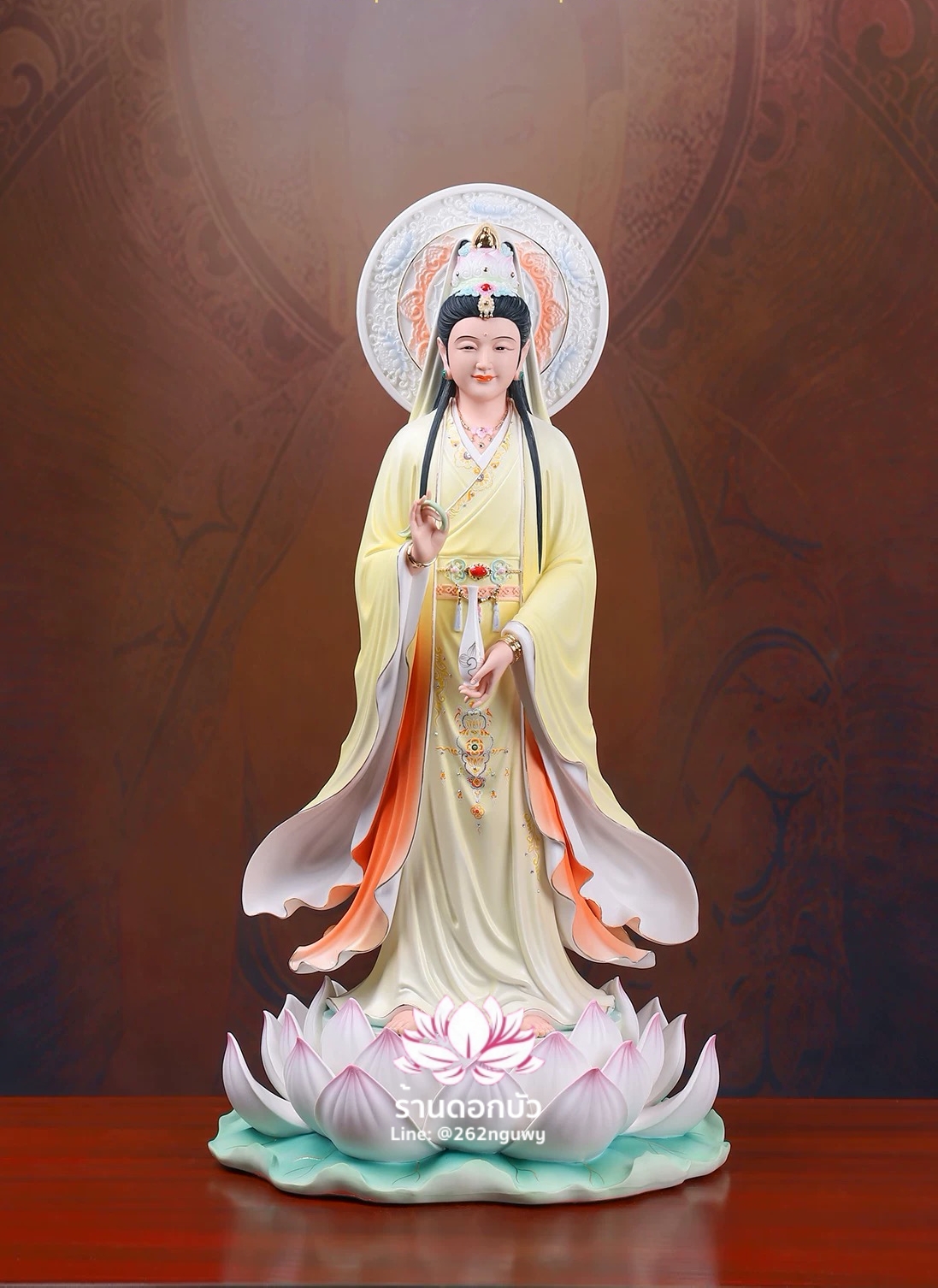 พระโพธิสัตว์กวนอิม พระแม่กวนอิมปางประทานพร ยืนบนดอกบัว (เมี่ยวซ่าน) งานกระเบื้องฮกเกี้ยนคุณภาพสูง ขนาด 12/16/19/26/36 นิ้ว