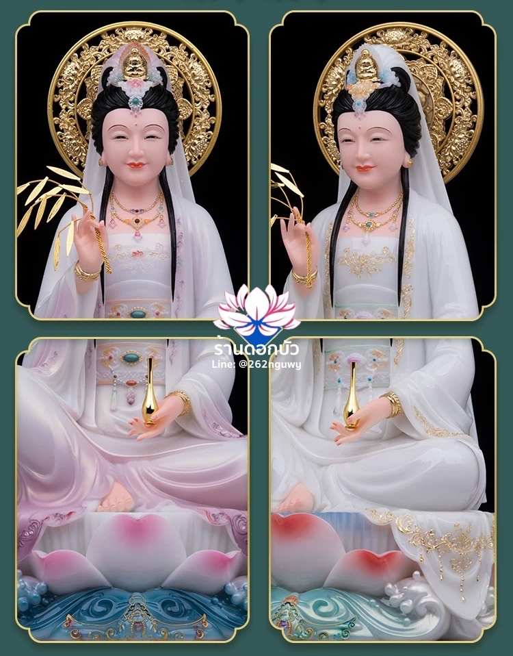 พระโพธิสัตว์กวนอิม ปางนั่งชันเข่าประทับบนดอกบัว งานหินอ่อนคุณภาพสูง ขนาด 12/16/19/26 นิ้ว