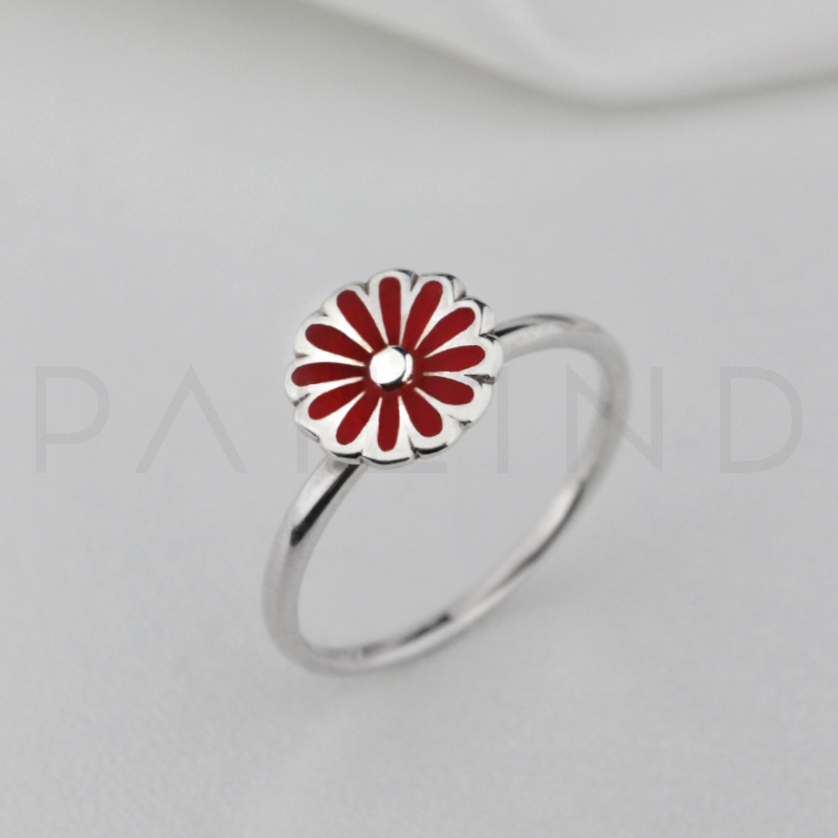 แหวนเงินดีไซน์ดอกไม้หยอดสีแดงคัลเลอร์อิท