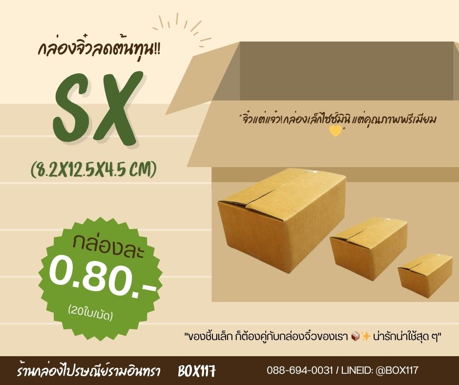กล่องไปรษณีย์ขนาด SX ไม่พิมพ์ ขนาด: 8.2 x 12.5 x 4.5 เซนติเมตร (กว้าง x ยาว x สูง)