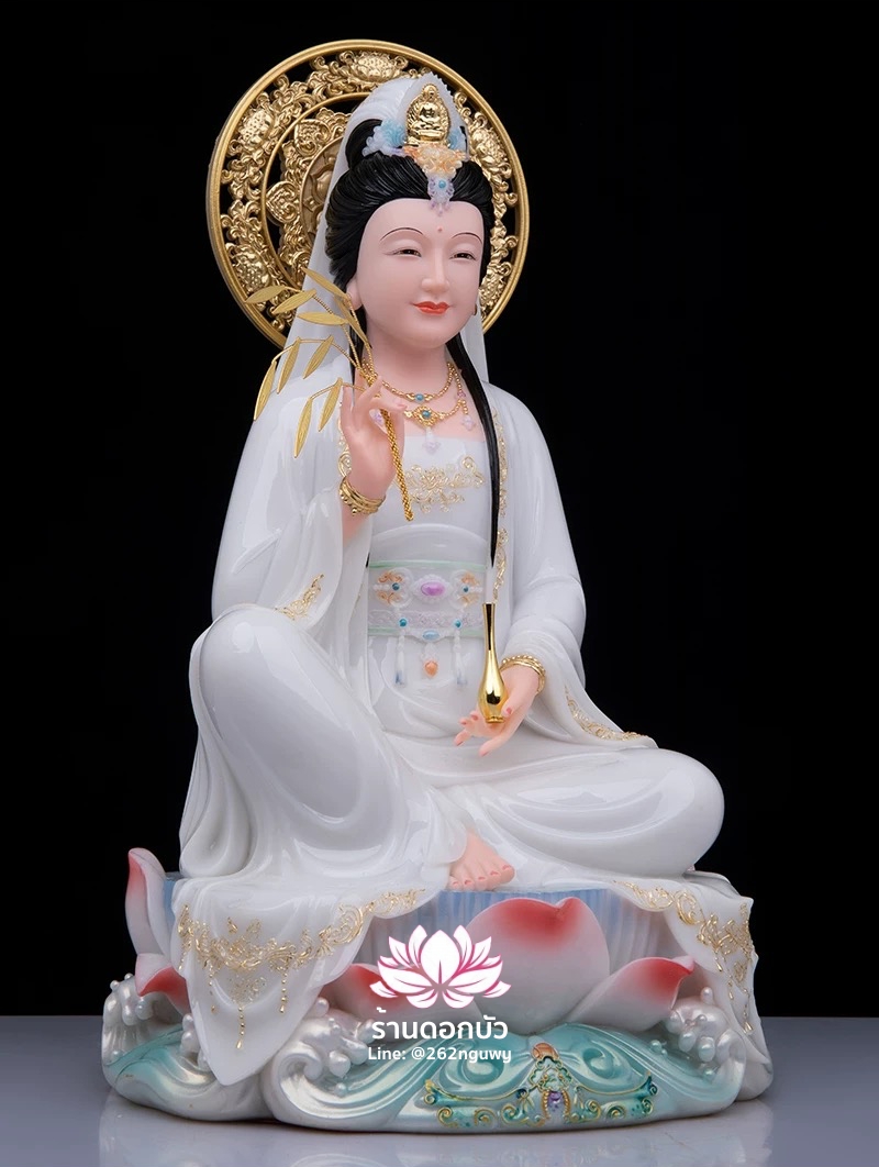 พระโพธิสัตว์กวนอิม ปางนั่งชันเข่าประทับบนดอกบัว งานหินอ่อนคุณภาพสูง ขนาด 12/16/19/26 นิ้ว