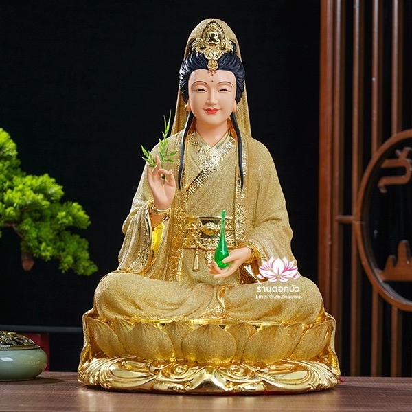 พระโพธิสัตว์กวนอิม พระแม่กวนอิม (เมี่ยวซ่าน) ปางประทานพรนั่งบนดอกบัว งานเรซิ่นพ่นทราย ขนาด 12/16/19/26/34 นิ้ว/1.3/1.6/2 เมตร