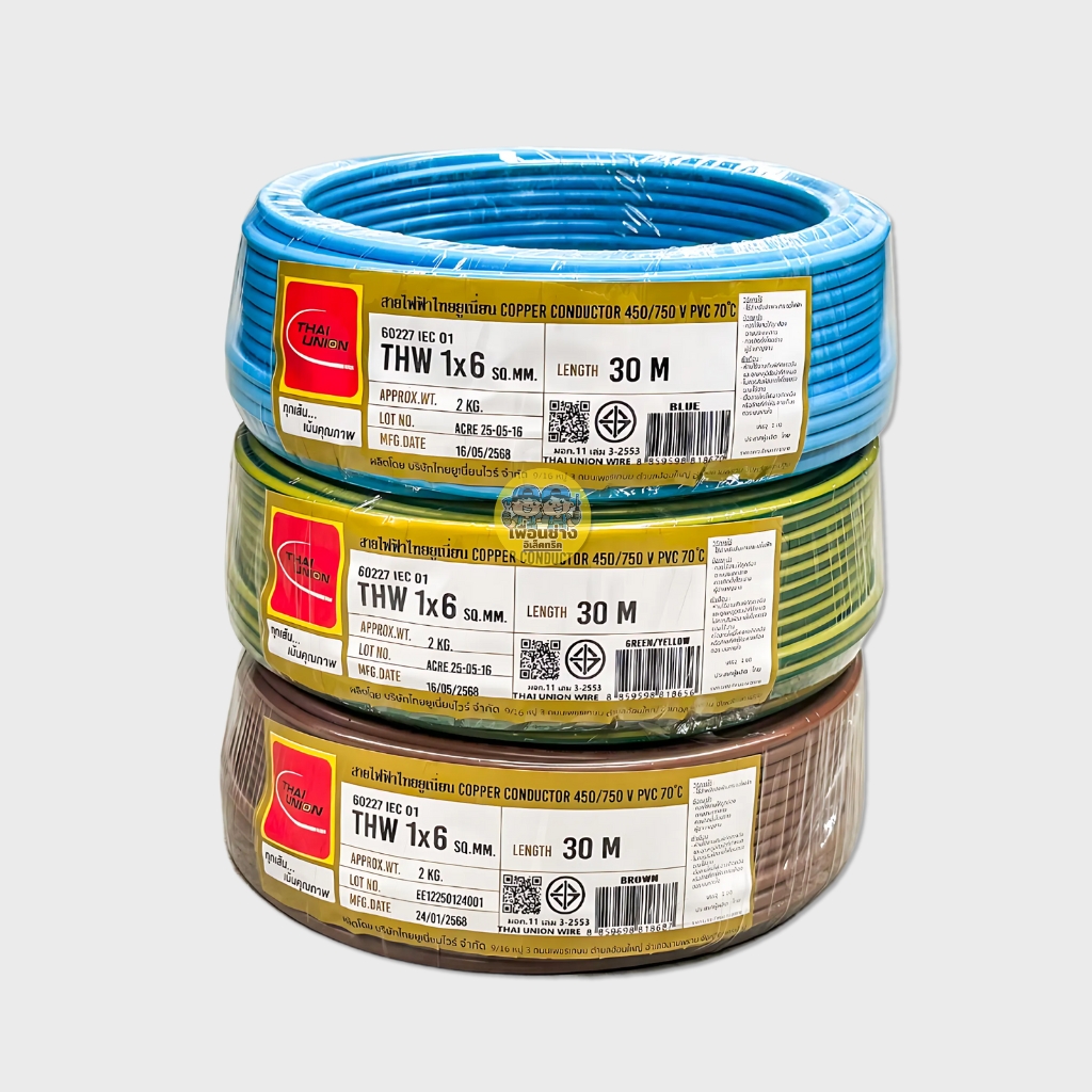 Thai Union สายไฟ THW 1x6 สายเดี่ยว สายทองแดง ยาว 30 เมตร มีมอก. ไทยยูเนี่ยน