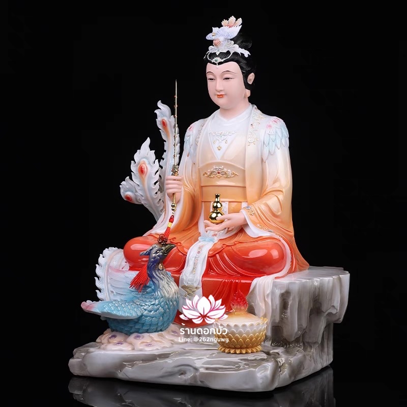 กิ่วเที้ยนเฮี่ยนลื้อ กิวเทียงเหี่ยงนึ่ง จิ่วเทียนเสวียนนี่ ปางนั่งบัลลังก์พร้อมหงส์บริวาร งานเรซิ่นเทคนิคกระเบื้อง ขนาด 12/16/19 นิ้ว