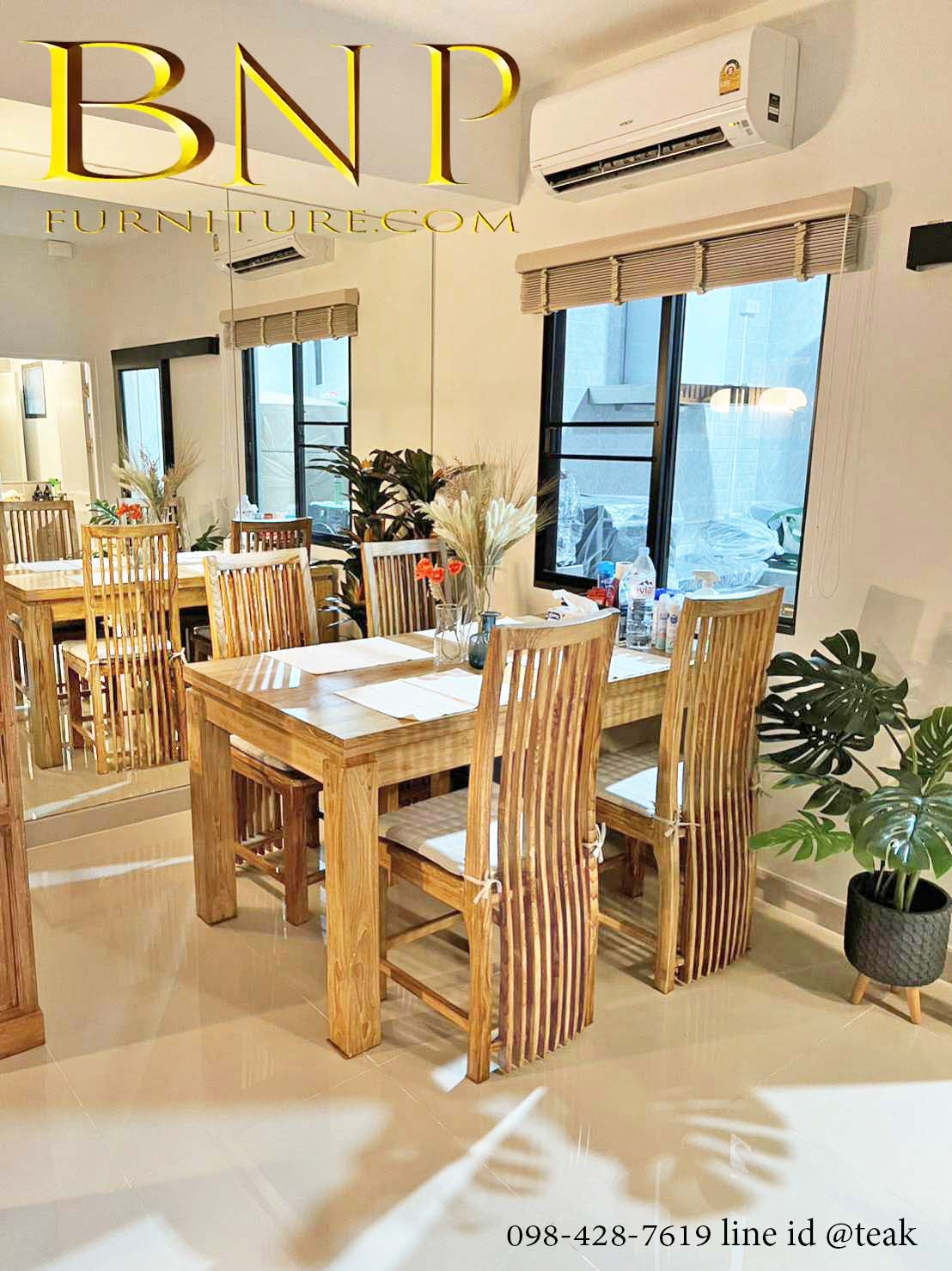 ชุดโต๊ะทานข้าว โมเดิร์น ไม้สัก รุ่น โฟว์วิล ( สี้สี้ยนขาว )