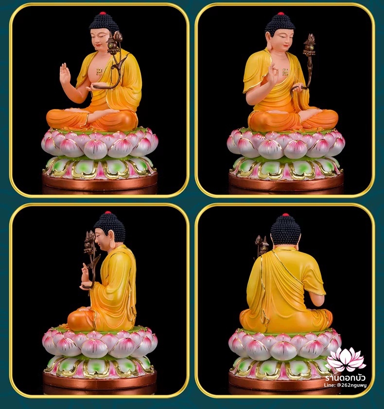 พระพุทธรูป พระพุทธเจ้า พระศากยมุนีพุทธเจ้า ปางนั่งบนดอกบัว งานเรซิ่น ขนาด 16 นิ้ว สีเหลือง/น้ำตาล/เทา