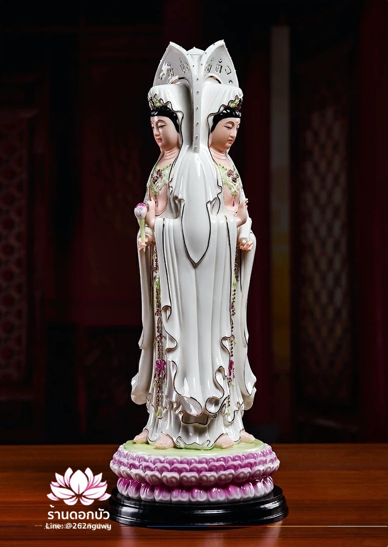 พระโพธิสัตว์กวนอิม 3 พระพักตร์ พระแม่กวนอิม 3 ปาง ลงสีขลิบทอง ขนาด 15 นิ้ว