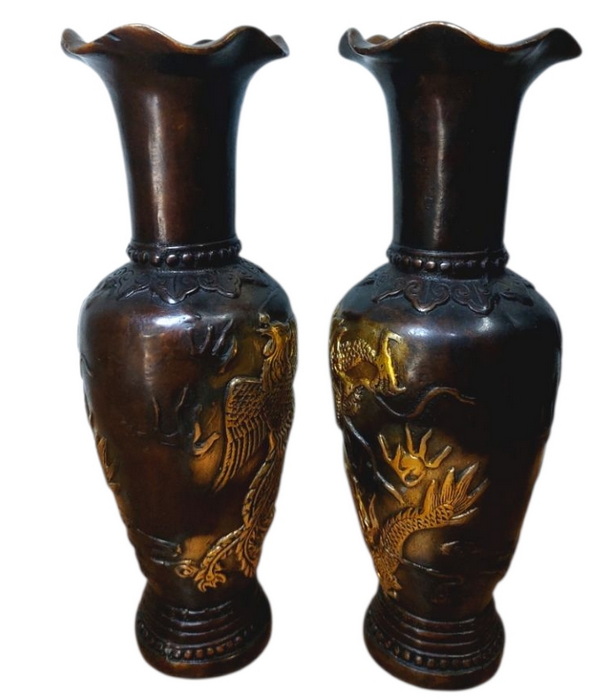 (คู่)แจกันทองเหลืองลายหงส์มังกร💥ตำหนินิด💥ลดพิเศษ