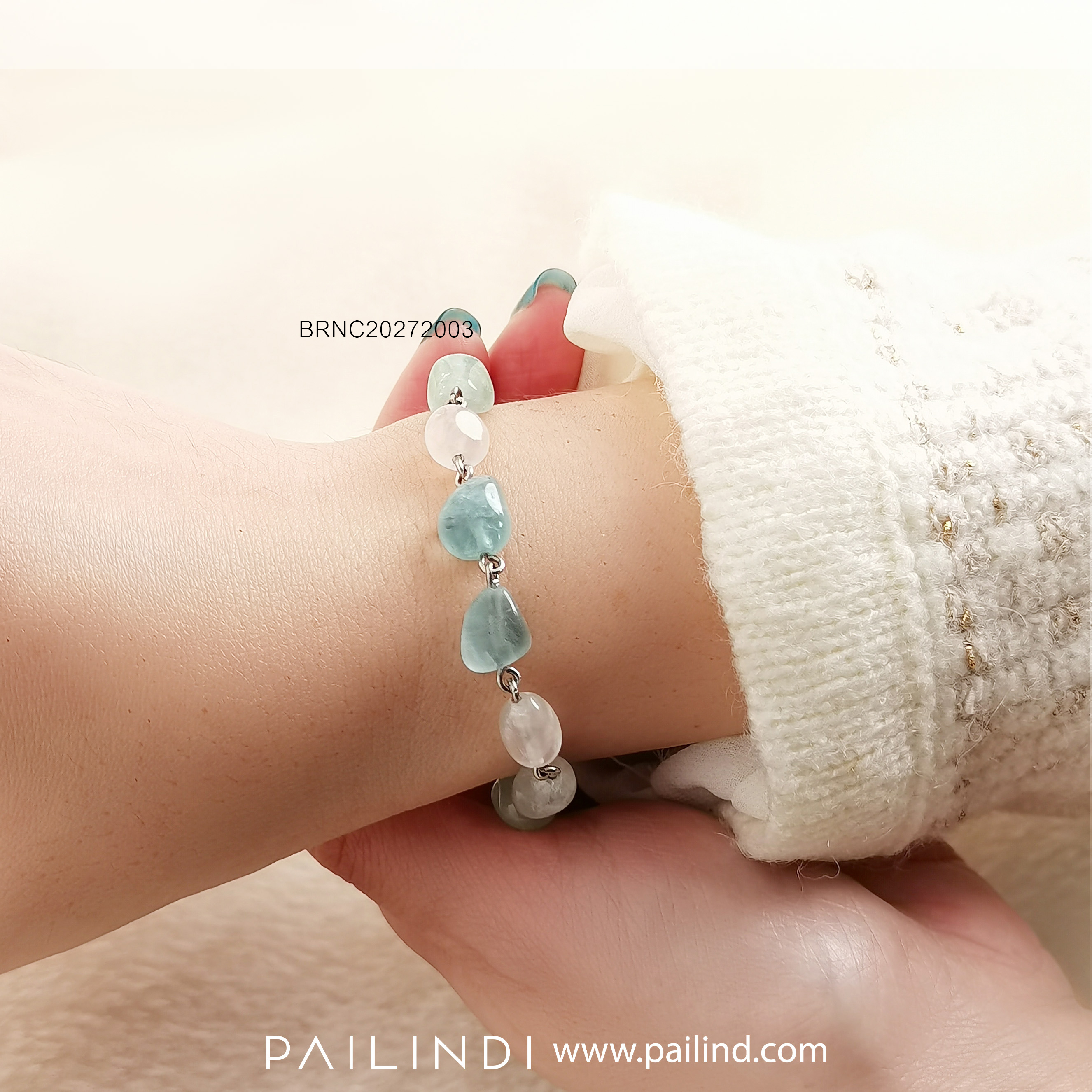 สร้อยข้อมือหินประกอบเงินแท้ Aquamarine & Moonstone ชุบทองคำขาว